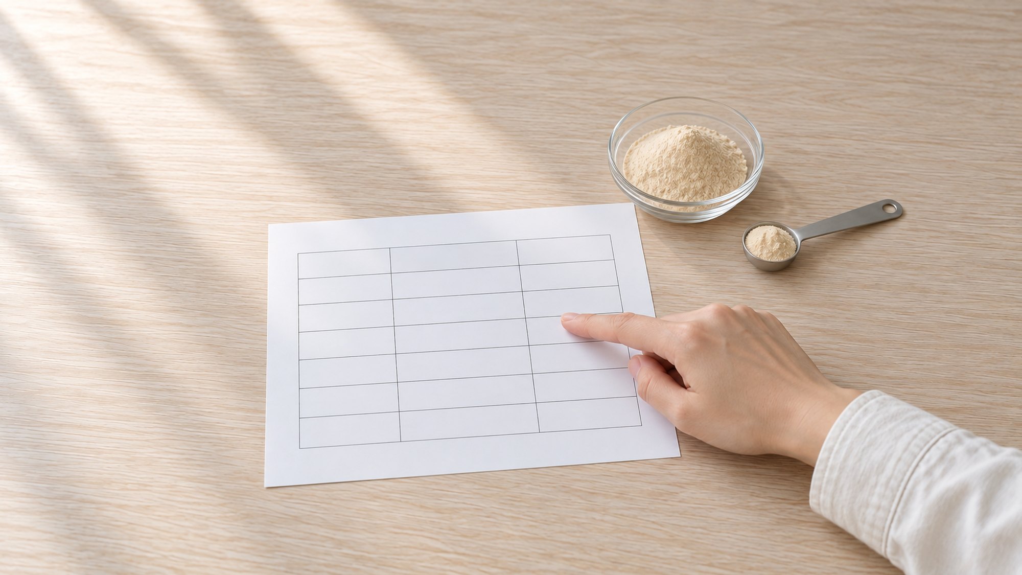 原料の規格書の横に、粉末の小皿と計量スプーンを置いた机